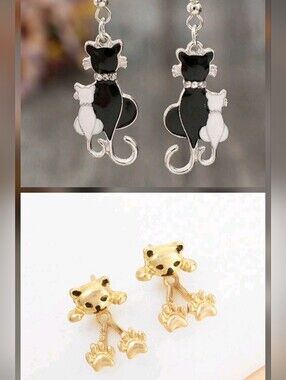 2 Pc Set Of Boutique Black & White Cat Dangle Earrings & Cat Stud Earrings
